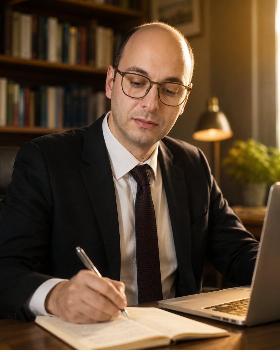 Felipe Pontoni estudando em seu escritório