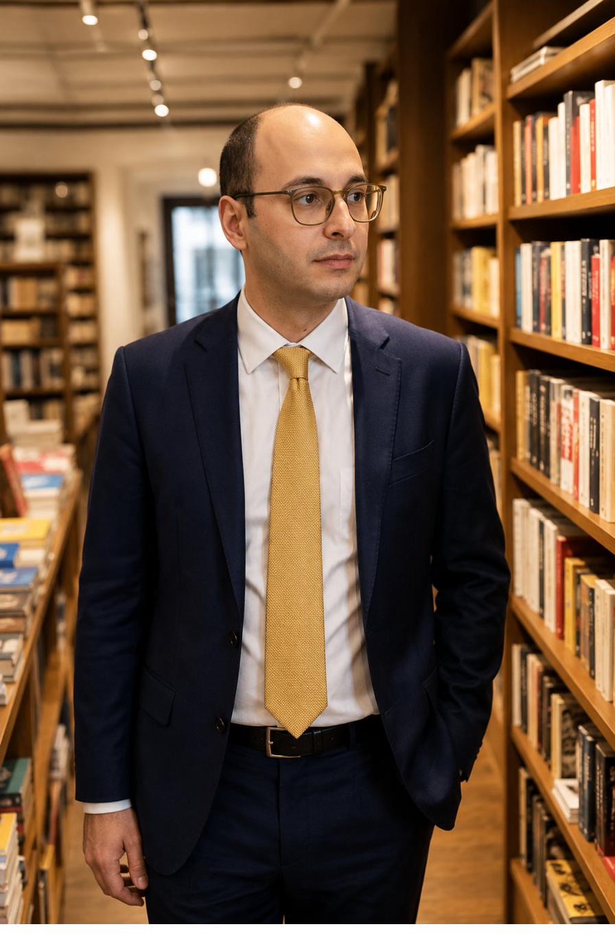 Felipe Pontoni, advogado trabalhista, escrevendo em seu escritório